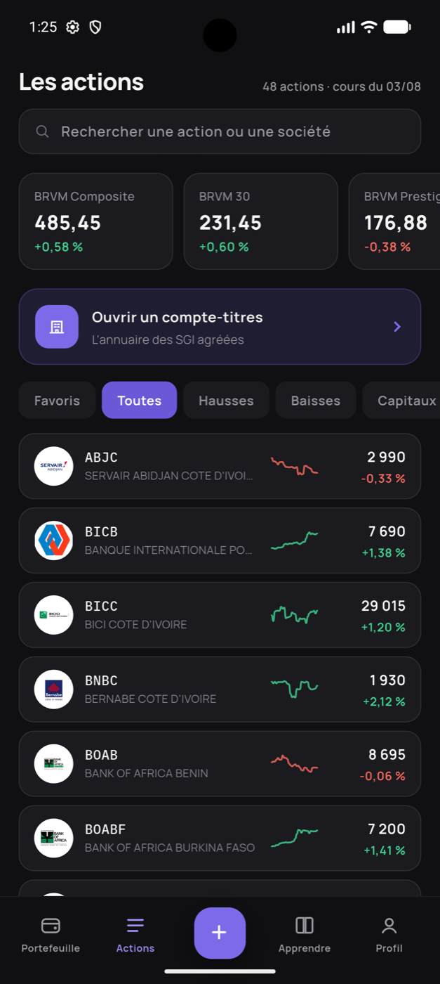 Capture d'écran de l'application Nafolio : l'écran de suivi du portefeuille